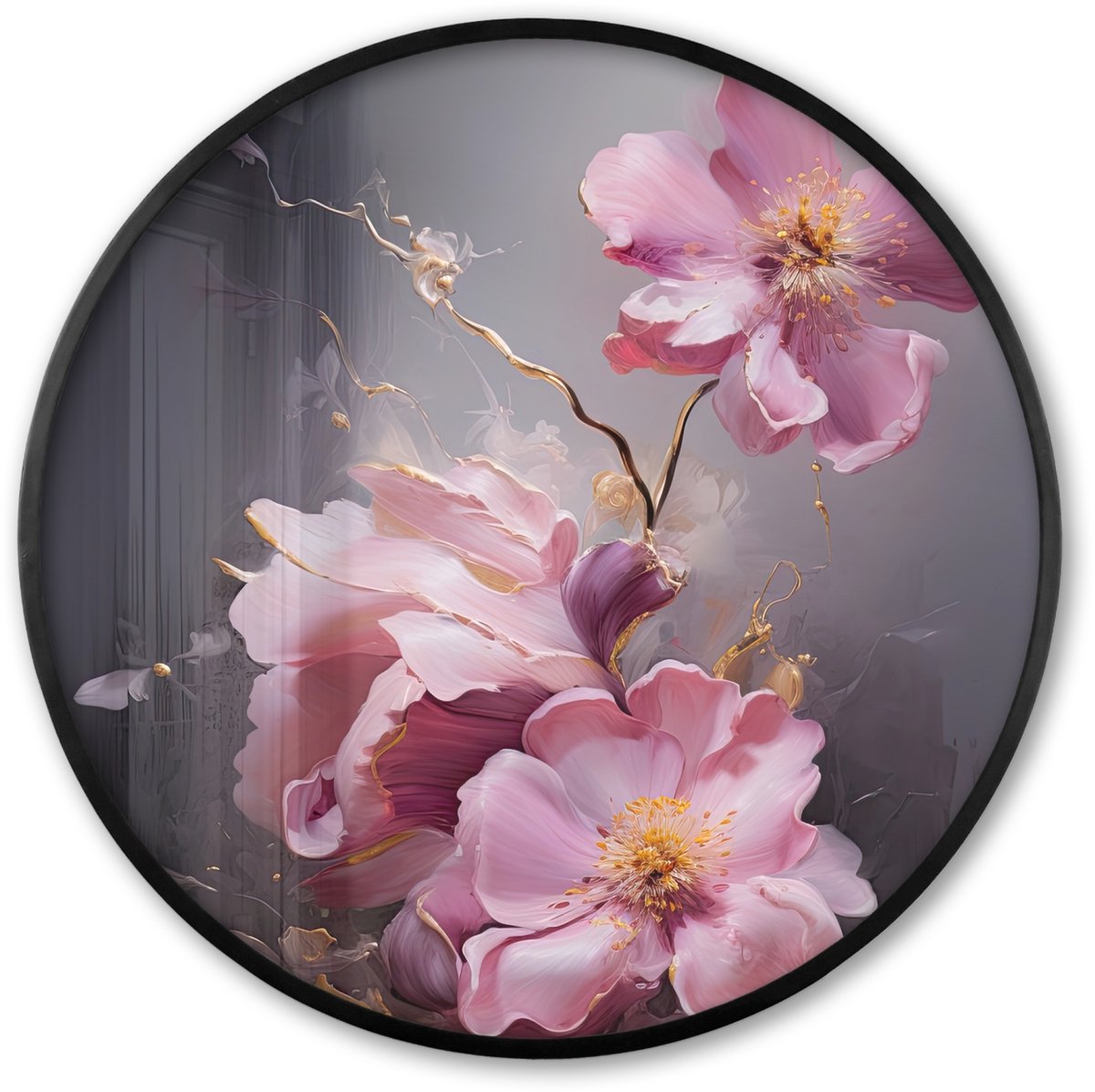 FrameYourWall Poster in lijst Rond - Fotolijst 80x80 cm - Posters - Bloemen - Roze - Stilleven - Kunst - Ronde posterlijst zwart - Decoratie - Wanddecoratie woonkamer - Muurdecoratie slaapkamer