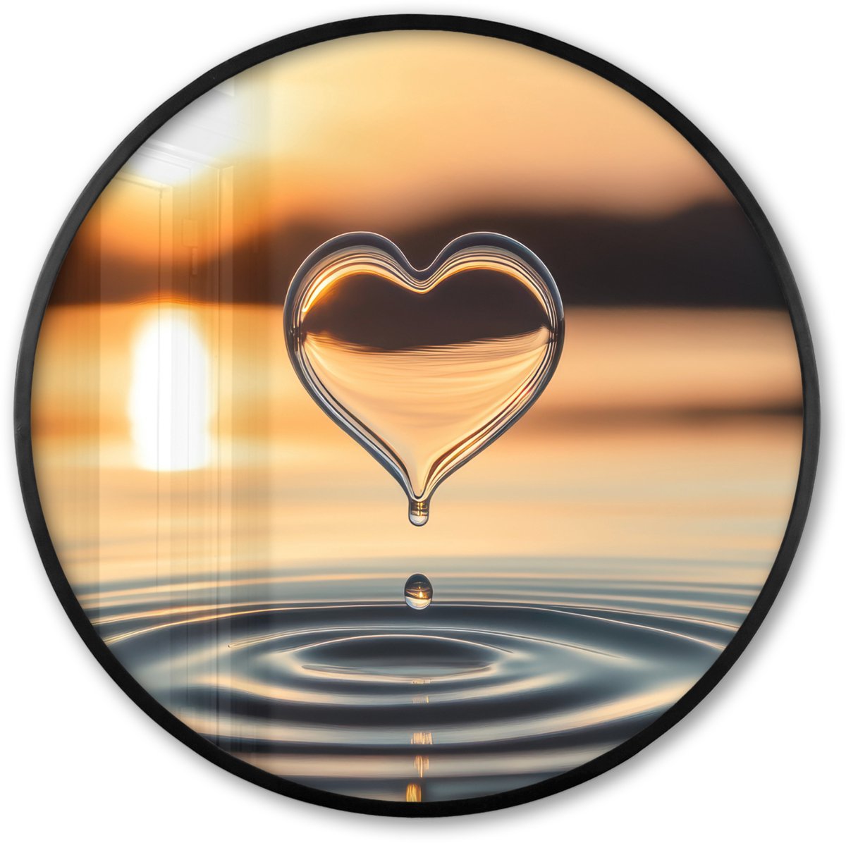 FrameYourWall Poster in lijst Rond - Fotolijst 80x80 cm - Posters - Hart - Water - Zonsondergang - Natuur - Zen - Ronde posterlijst zwart - Decoratie - Wanddecoratie woonkamer - Muurdecoratie slaapkamer