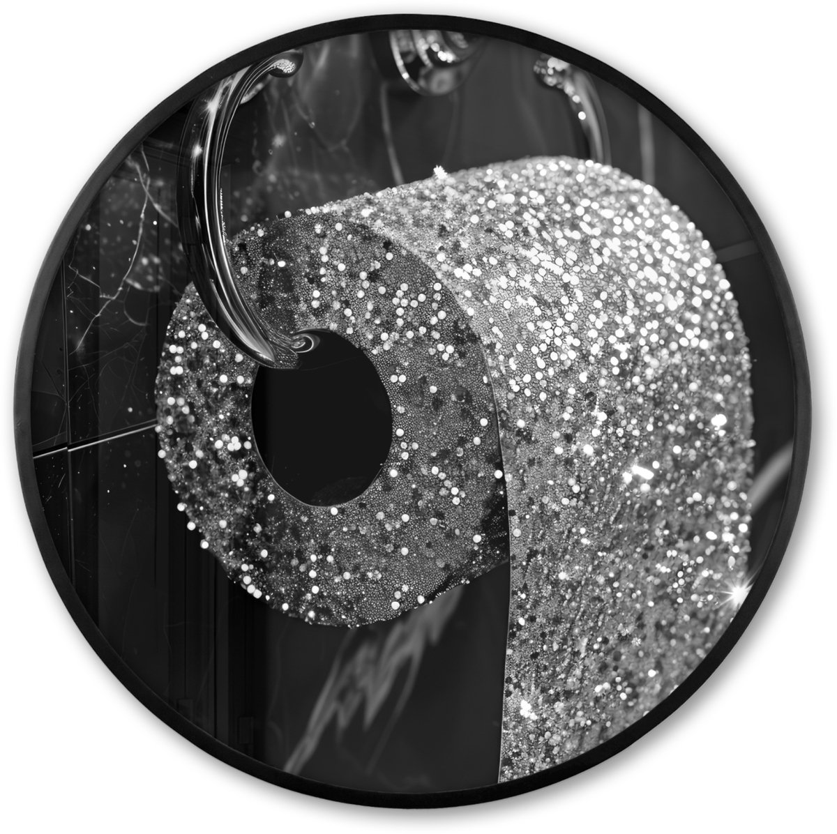 FrameYourWall Poster in lijst Rond - Fotolijst 60x60 cm - Posters - WC - Toilet papier - Zwart wit - Glitters - Ronde posterlijst zwart - Decoratie - Wanddecoratie woonkamer - Muurdecoratie slaapkamer Glitter - WC rol