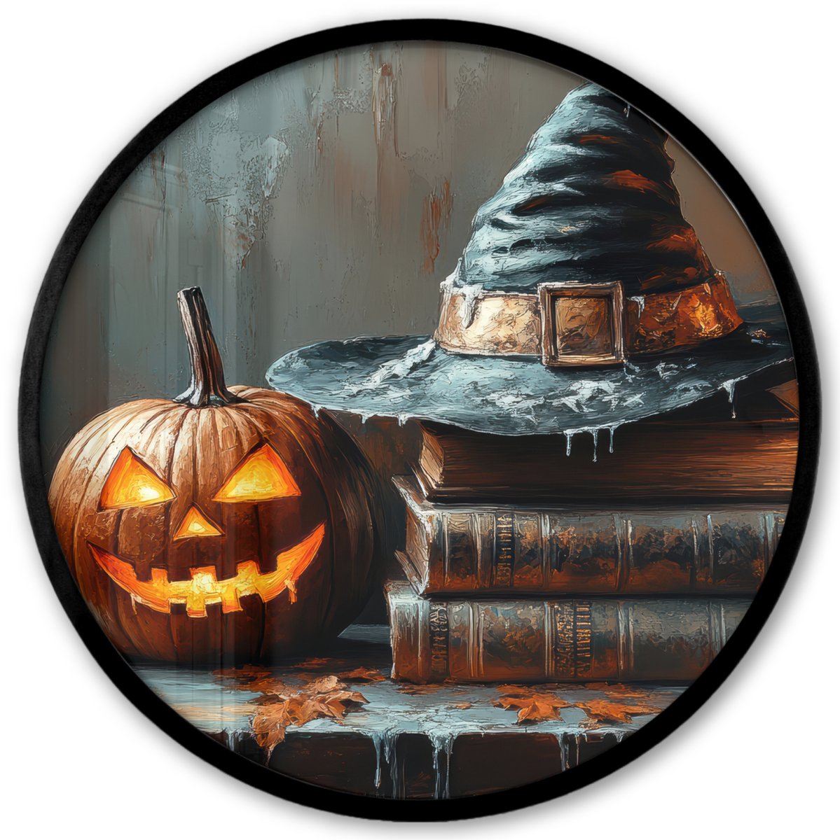 FrameYourWall Poster in lijst Rond - Fotolijst 40x40 cm - Posters - Halloween - Stilleven - Heksenhoed - Pompoen - Heks - Ronde posterlijst zwart - Decoratie - Wanddecoratie woonkamer - Muurdecoratie slaapkamer Halloween - Heksenhoed en pompoen