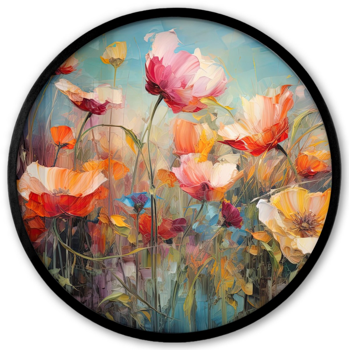 FrameYourWall Poster in lijst Rond - Fotolijst 40x40 cm - Posters - Bloemen - Watercolor - Kunst - Botanisch - Natuur - Ronde posterlijst zwart - Decoratie - Wanddecoratie woonkamer - Muurdecoratie slaapkamer Klaprozen - Kunst