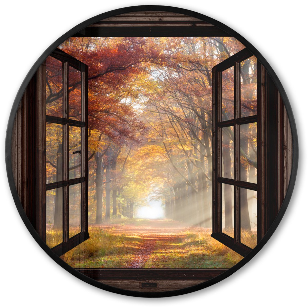 FrameYourWall Poster in lijst Rond - Fotolijst 60x60 cm - Posters - Herfst - Bos - Bomen - Natuur - Doorkijk - Ronde posterlijst zwart - Decoratie - Wanddecoratie woonkamer - Muurdecoratie slaapkamer Bruin