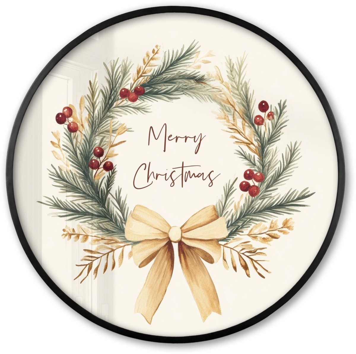 FrameYourWall Poster in lijst Rond - Fotolijst 60x60 cm - Posters - Kerstkrans - Kerst - Goud - Beige - Ronde posterlijst zwart - Decoratie - Wanddecoratie woonkamer - Kerstdecoratie voor binnen - Kerstversiering - Kerstmis versiering in huis - Kerstaccessoires