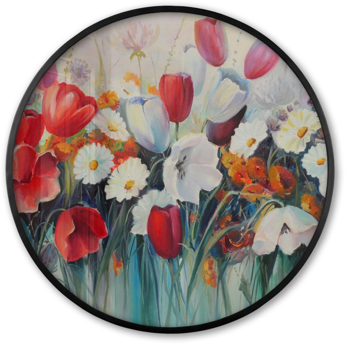 FrameYourWall Poster in lijst Rond - Fotolijst 80x80 cm - Posters - Schilderij - Olieverf - Bloemen - Ronde posterlijst zwart - Decoratie - Wanddecoratie woonkamer - Muurdecoratie slaapkamer Multicolor