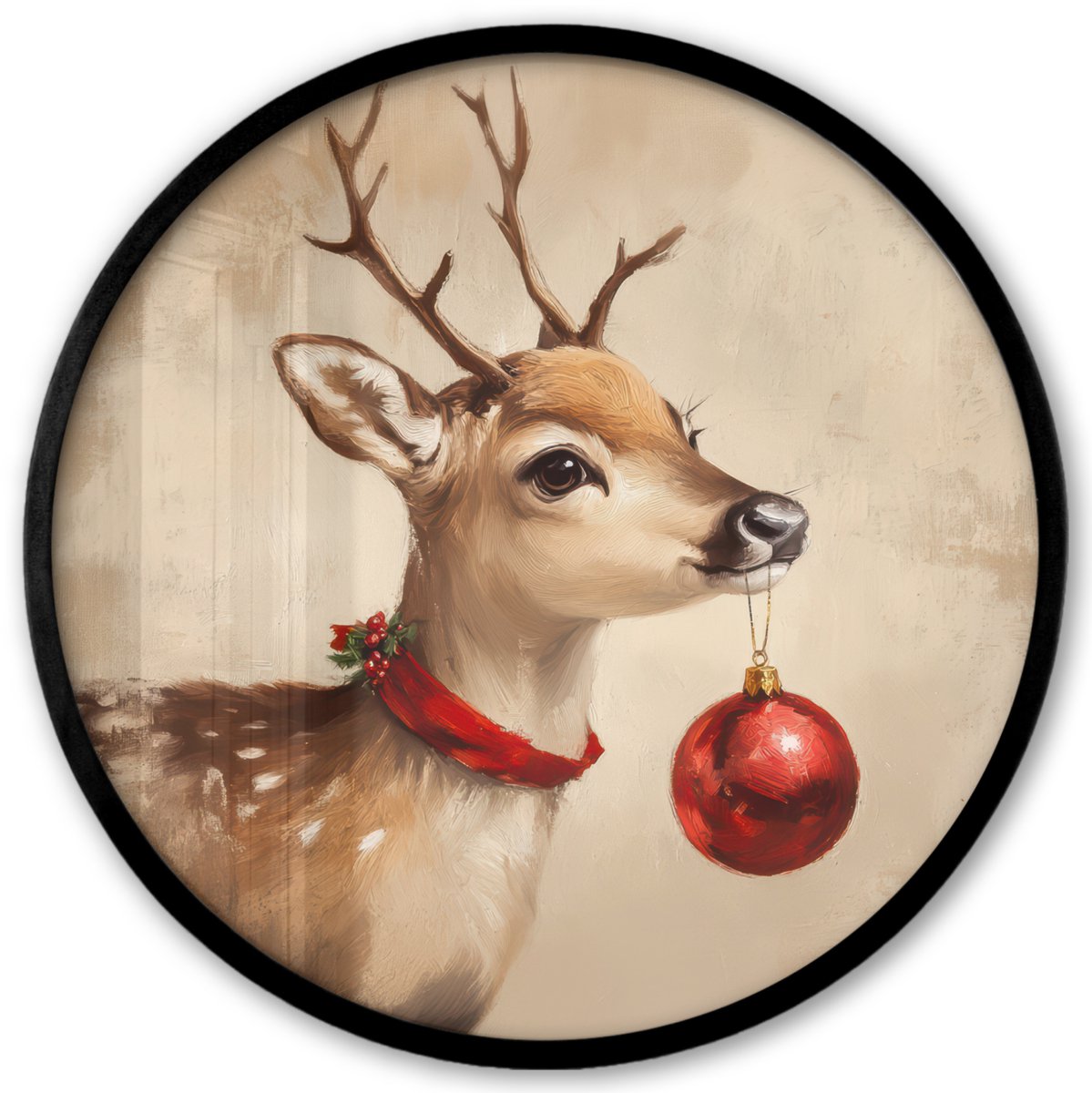 FrameYourWall Poster in lijst Rond - Fotolijst 40x40 cm - Posters - Kerst - Hert - Gewei - Kerstbal - Rendier - Ronde posterlijst zwart - Decoratie - Wanddecoratie woonkamer - Muurdecoratie slaapkamer - Kerstversiering - Kerstdecoratie voor binnen - Kerstmis Hert - Vintage
