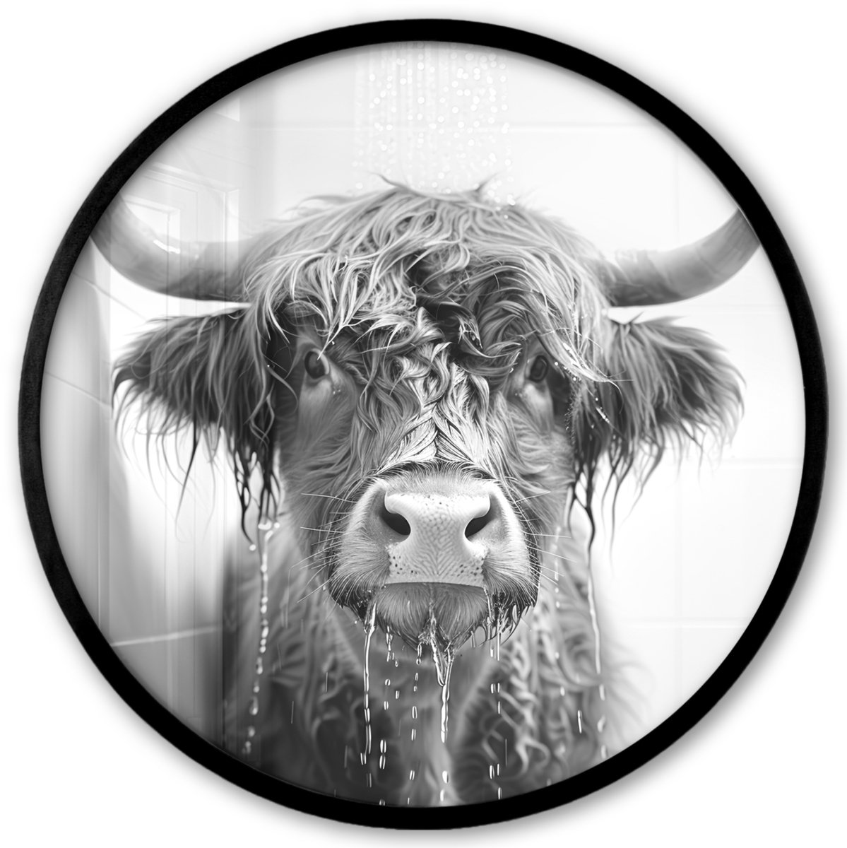 FrameYourWall Poster in lijst Rond - Fotolijst 40x40 cm - Posters - Schotse Hooglander - Dier - Douche - Humor - Ronde posterlijst zwart - Decoratie - Wanddecoratie woonkamer - Muurdecoratie slaapkamer Schotse hooglander - Douche