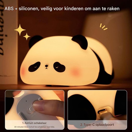 EXCITAT Kindernachtlampje in de vorm van een panda - Dimbare timer - Touchbediening - Siliconen - Oplaadbaar via USB - Schattige pandalamp - Schattig nachtlampje geschikt voor de kinderkamer van EXCITAT — afbeelding 3