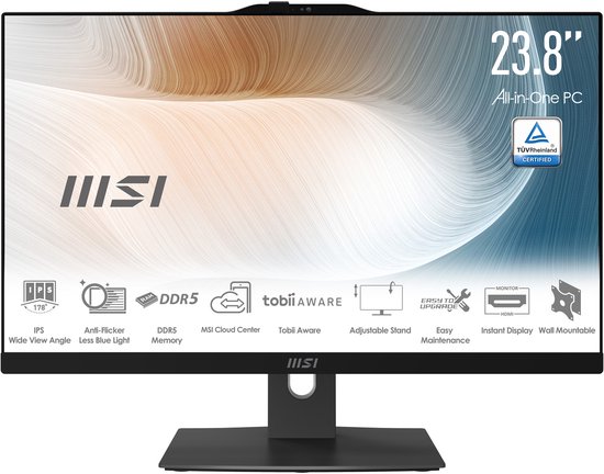 MSI Modern AM242TP 1M-1230EU Intel Core 3 100U 60,5 cm (23.8") 1920 x 1080 Pixels Touchscreen Alles-in-één-pc 8 GB DDR5-SDRAM 256 GB SSD Windows 11 Pro Wi-Fi 6E (802.11ax) Zwart