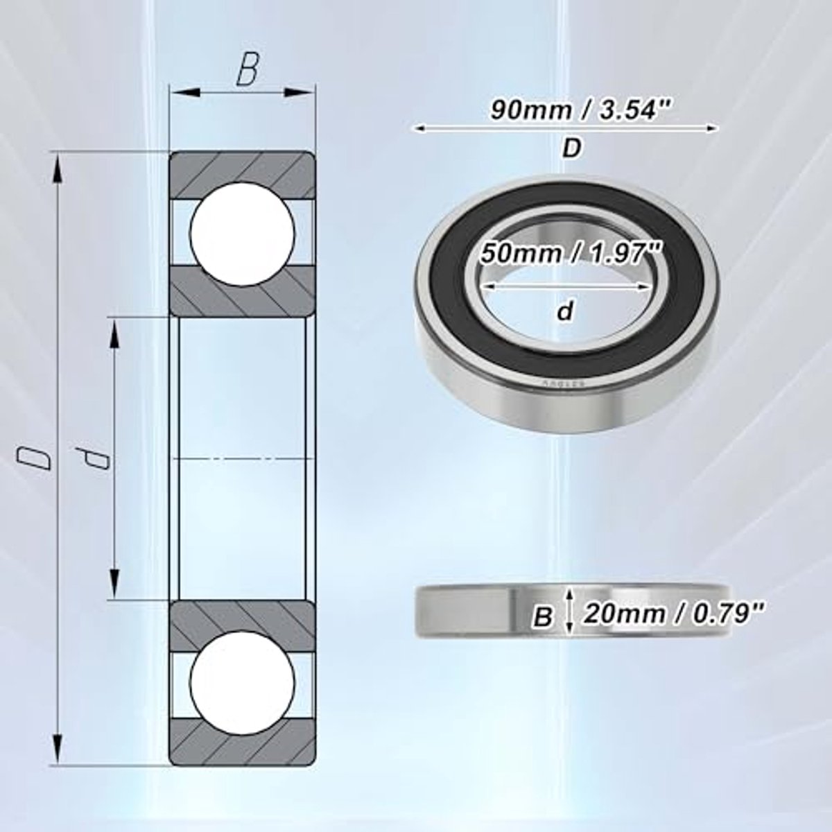 6210VV Deep Groove Ball Bearings P6 50x90x20mm Lubricated Bearings Double Rubber Seal Tone Scooter Skateboard Wheel