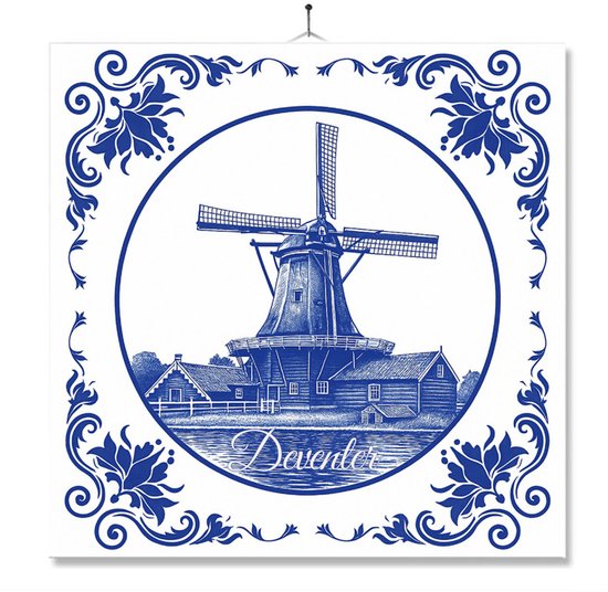Tegel Met Opdruk | Deventer | Delft Blauw | Cadeau | Inclusief Geschenkdoos | Standaard | Ophangsysteem
