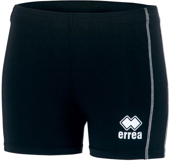 Zwarte damesshort van Errea met wit logo op de rechterpijp en witte stiksels op de zijkanten.