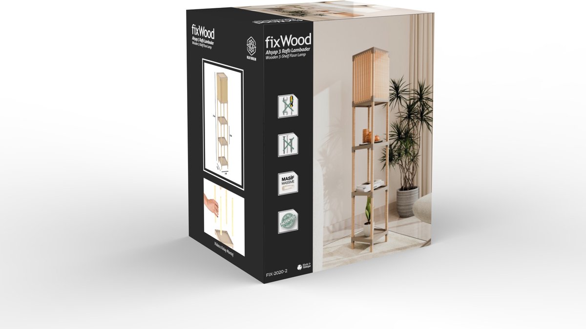 Fixwood Houten Staande Lamp met 3 Planken – Scandinavisch Design – Etagère Vloerlamp – Hout & Linnen – Warm Wit Licht – Voor Woonkamer, Slaapkamer of Kantoor thumbnail 2