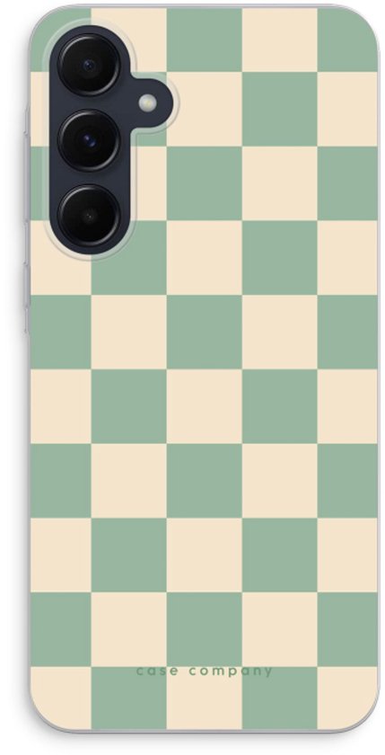 Telefoonhoesje met mintgroene en beige ruitenpatroon.