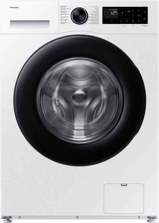 Witte Samsung wasmachine met zwarte deur en display.