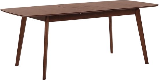 Donkerhouten uitschuifbare tafel met schuine poten, deels gesloten.