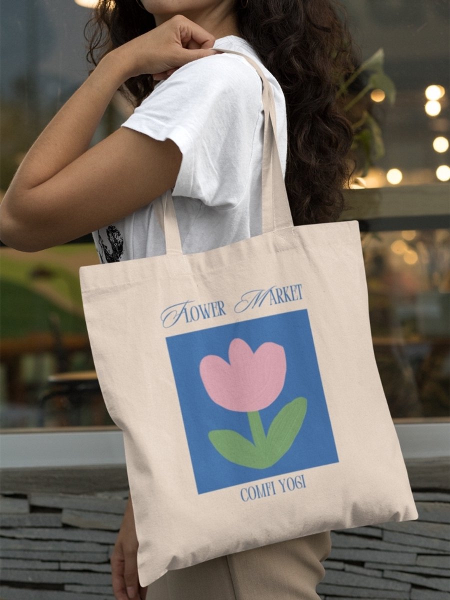 Tote bag - Bloemen markt - Wurban Wear | Katoenen tas | Duurzaam katoen | 38 x 42 cm | 10L | Leuk cadeau | Totebag | Tote bag katoen | Yoga tas | Yogi | Yoga | Yoga cadeau | Mindfulness | Meditatie | Spiritualiteit | Naturel