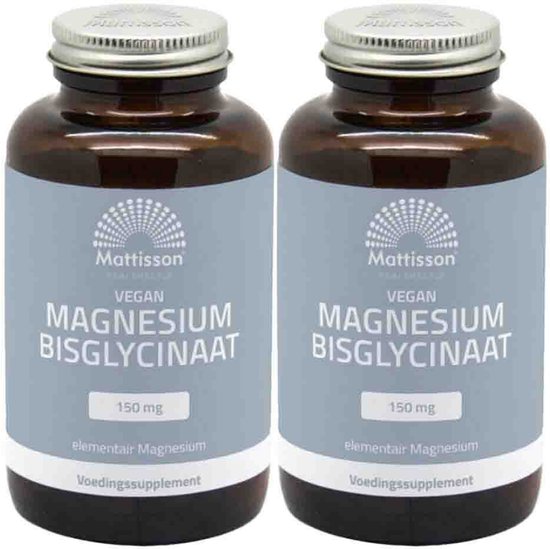 Twee amberkleurige flessen Mattisson Vegan Magnesium Bisglycinaat 150 mg, 120 vegacapsules per stuk.