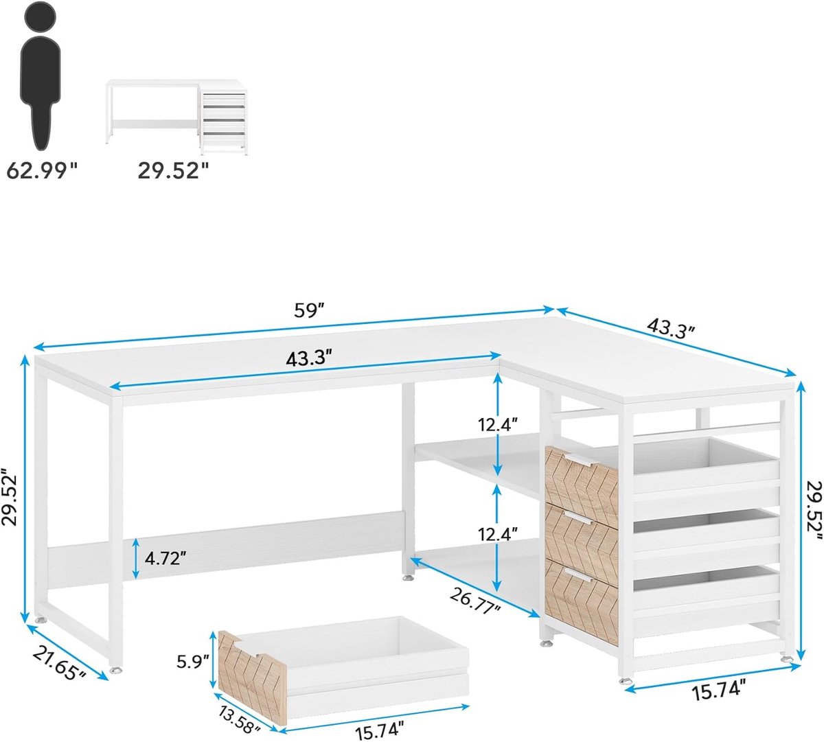 Tribesigns Bureau - L-Vormig Game Bureau met 4 Laden - Wit thumbnail 2