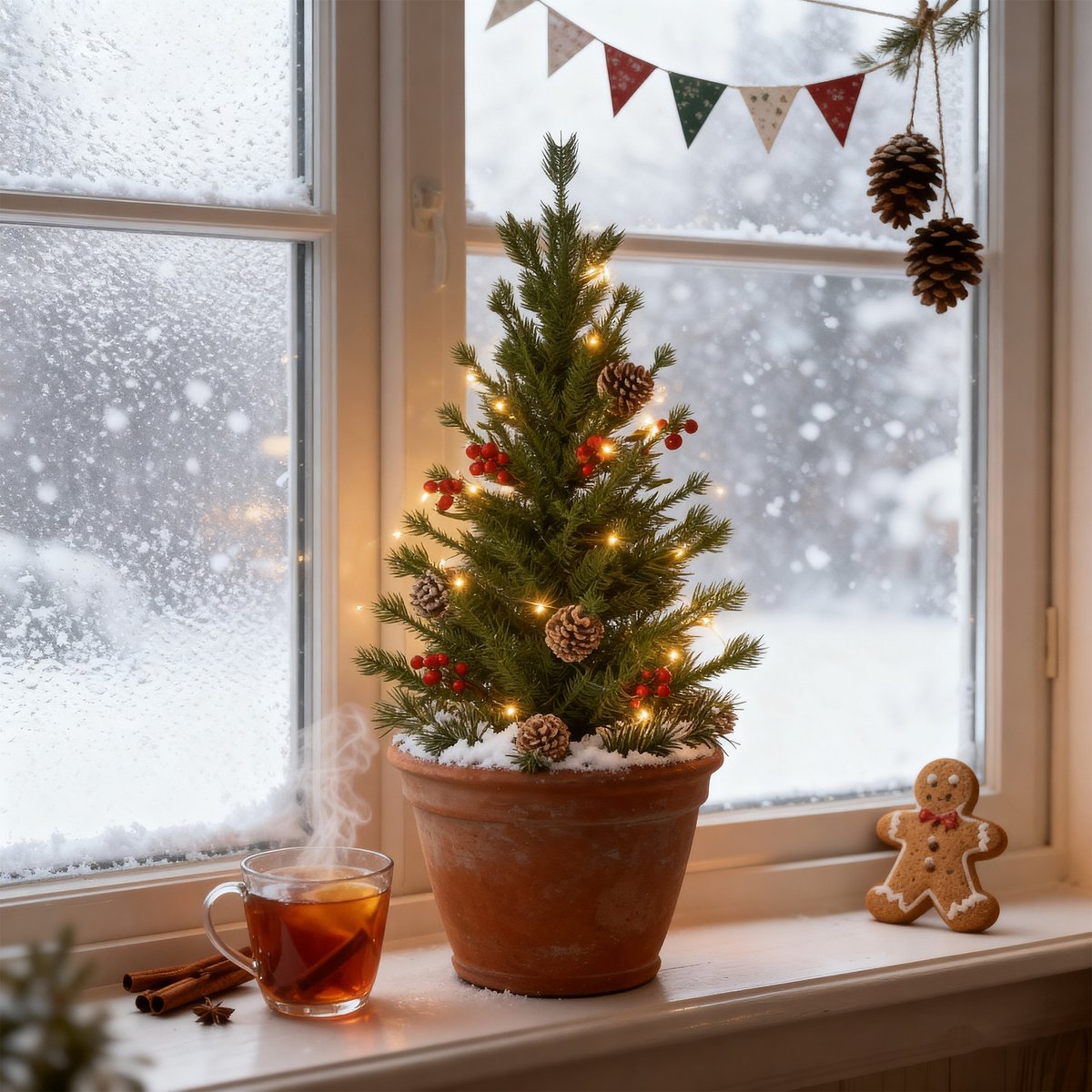 Aufun kunstkerstboom – 76 cm – kleine kerstboom – met grondspies – met LED-verlichting – rode vruchten en dennenappels – PE