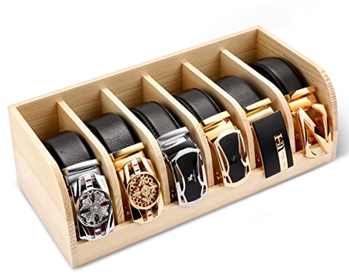 Houten Opbergorganizer voor Riemen - 6-vaks Universele Riemdisplaybox met Kast en Lade