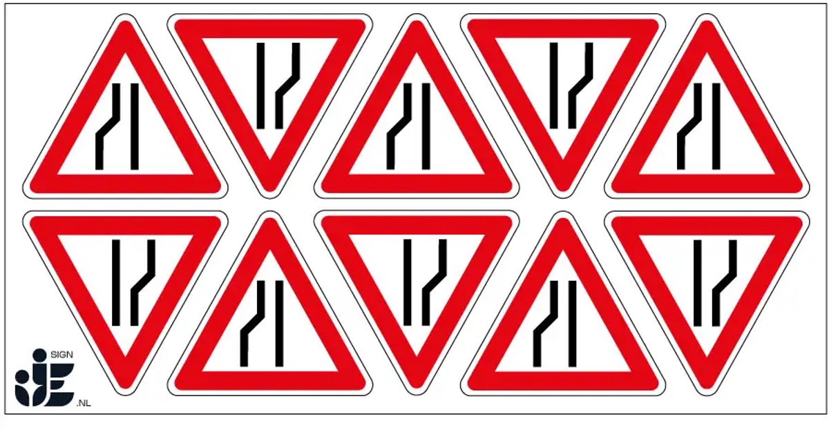 Wegversmalling links sticker - J19 | 5 cm - 10 stuks per vel