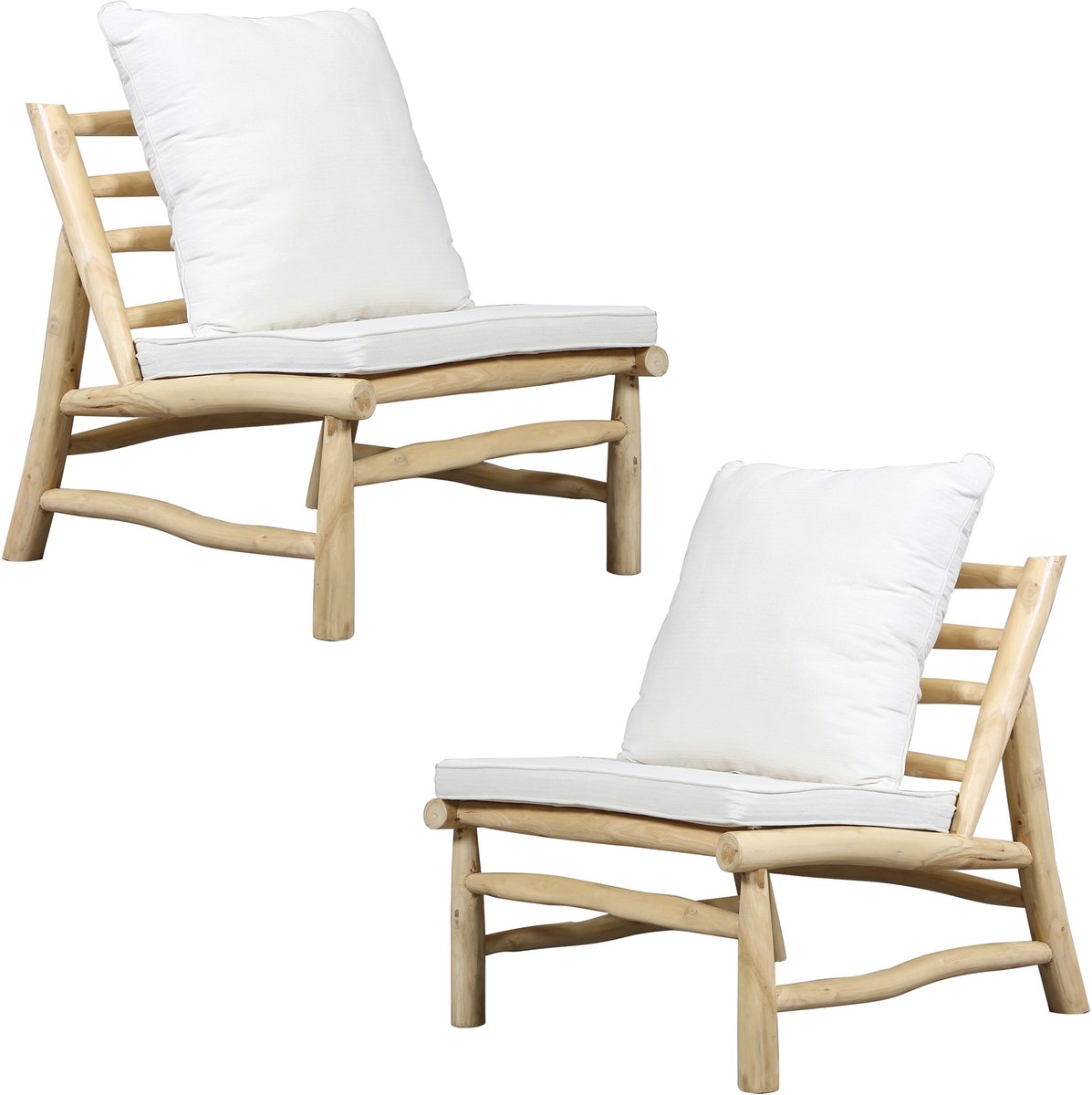 Set van 2 teak fauteuils – handgemaakte loungeset van massief teakhout met kussens, voor t