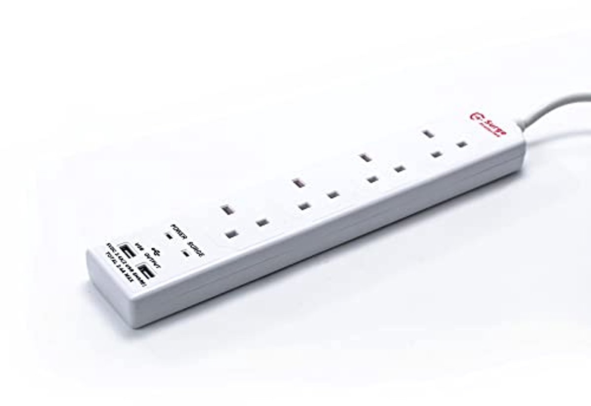 4-weg Verlengsnoer met USB-oplaadpoorten en 2 meter kabel - Wit