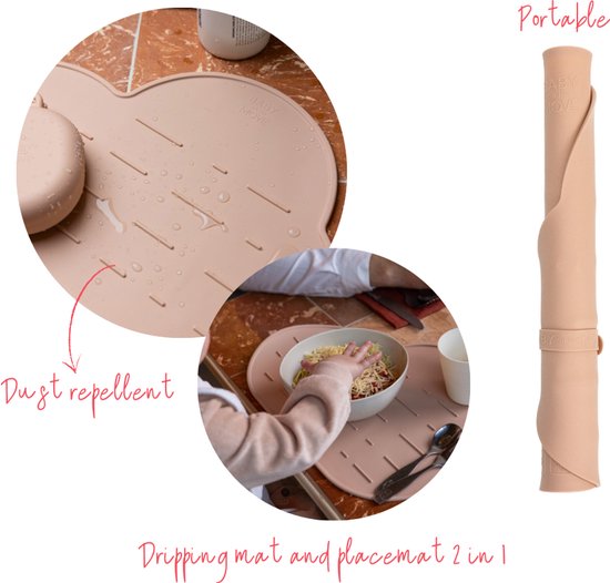 Bébé on the Move - Yummy Mat - Set de table et tapis anti-goutte 2 en 1 - Enroulable et portable - Compatible lave-vaisselle - Anti-poussière - Blush