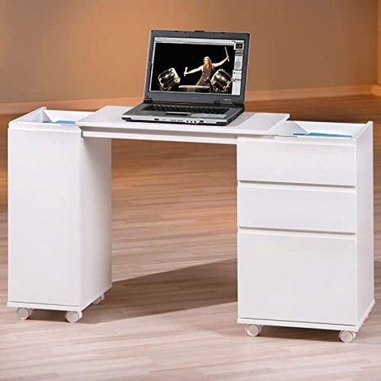 Foto: Uitschuifbaar bureau voor laptop functionele werktafel in wit gelakt design