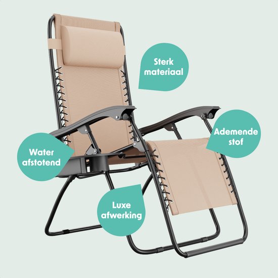 LifeGoods Opvouwbare Tuinstoel - Ligstoel Tuin - 30°-90° Verstelbaar - Metaal - Beige van LifeGoods — afbeelding 5