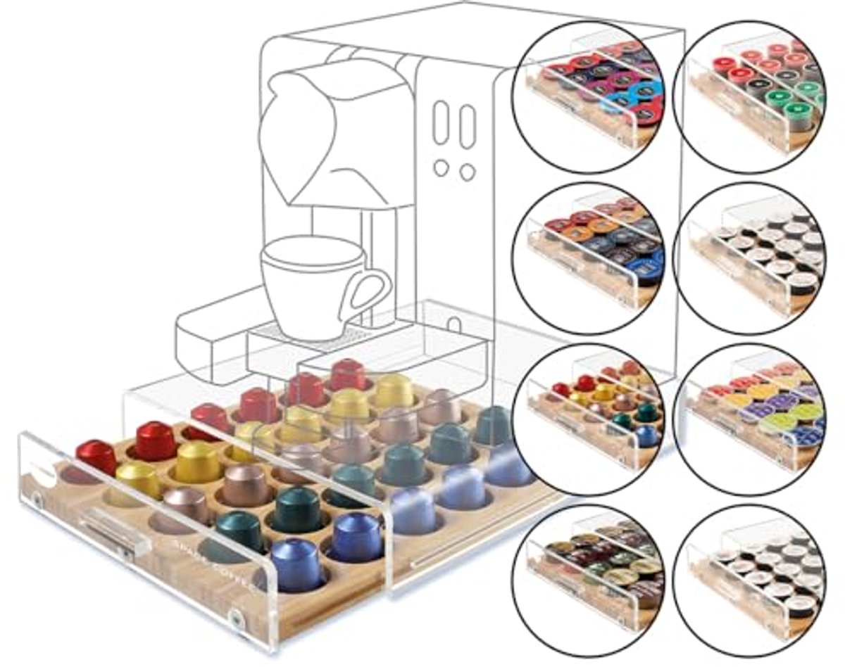 Universele Koffiecapsulehouder van Hout en Acryl - Transparant en Marron, 65 W
