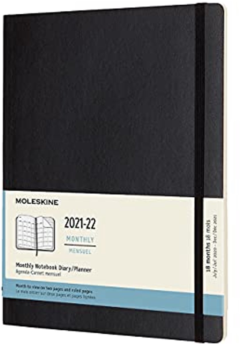 18 maanden kalender/planner - maandplanner met softcover en elastische sluiting, X-Large 19 x 23 cm, zwart