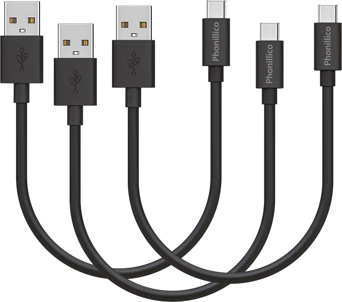 3x USB C naar USB A Kabel Zwart - 0,2 meter - Oplaadkabel voor Oppo Reno 13 F 5G / Reno 13 5G / Reno 12 FS 5G / Reno 12 F 5G / Reno 8 Lite 5G / Reno 8 5G