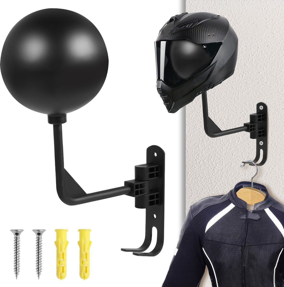 Motorhelmhouder - muurbevestiging - 180 graden rotatie - motorhelmhouder - haak voor het ophangen van motorhelm en jas aan de muur