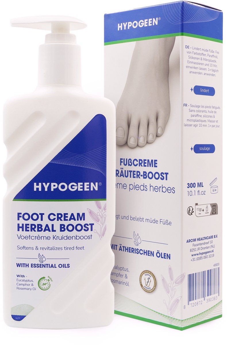 Hypogeen Voetcrème Kruidenboost – Hydraterende Voetencrème Voor Droge Voeten – Verkoelende Vermoeide Voeten Crème – Met Ureum, Menthol, Lavendel & Eucalyptus – 300 ml Pompflacon