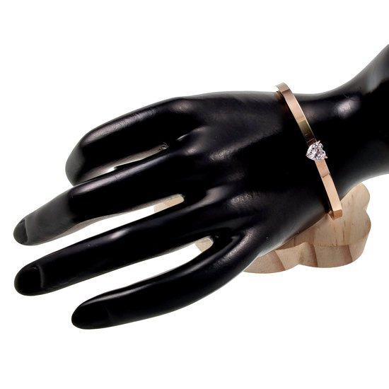 Bracelet jonc rigide en acier inoxydable couleur or rose avec zircones en forme de cœur, 16 à 18 cm