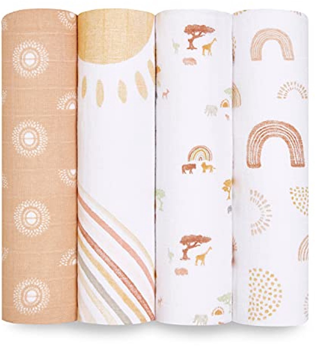 Image of 100% Katoen Mousseline Inbakeren & Ontvangende Dekens voor Baby's - 120x120cm, Perfecte Set voor Pasgeborenen, 4-Pack