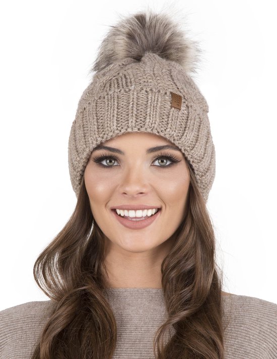 Bonnet d'hiver Vivisence pour femme - Point tendance avec pompon en fausse fourrure douce et doublure polaire - Ajustement confortable et Protection chaude pour les froides journées d'hiver - Beige