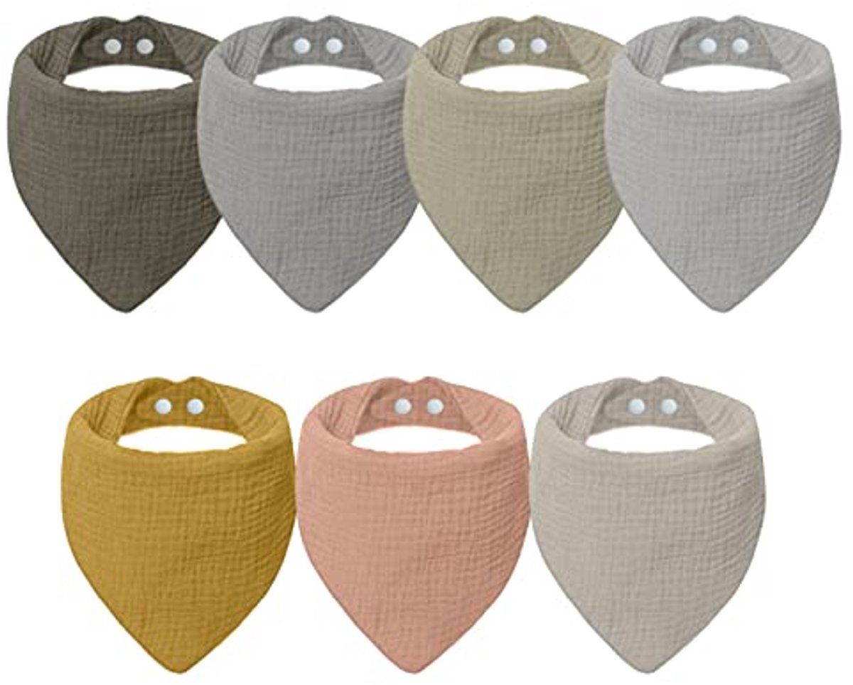 Image of Absorberende Driehoekige Slabbetjes voor Baby's - 7 Stuks Zachte Mousseline Halsdoeken met Verstelbare Drukknop