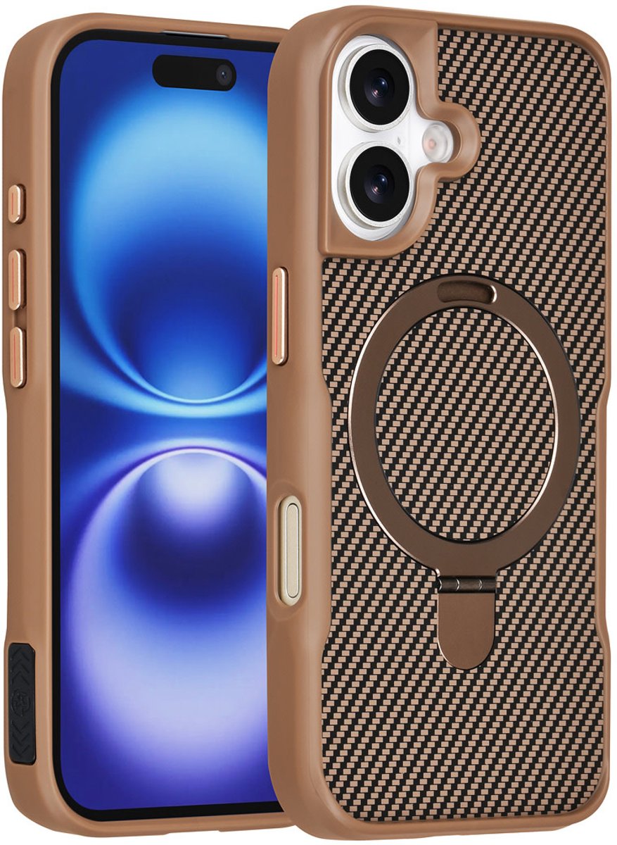 TUNIQ Back cover voor iPhone 16 - MagSafe - Ringstand - Carbon Fiber - Goud