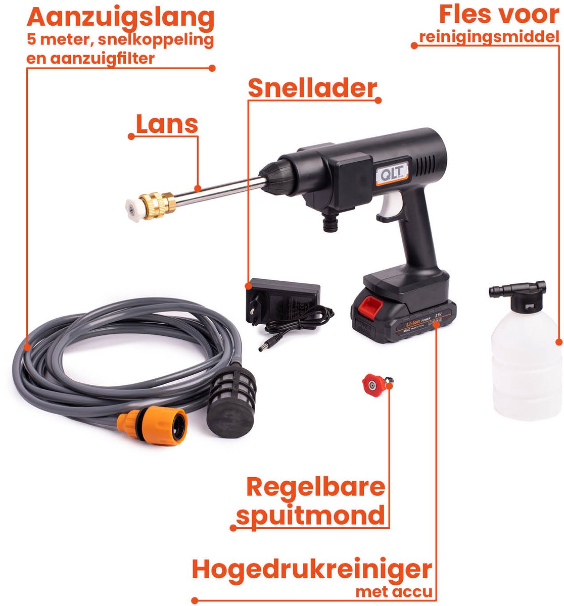 Snoerloze hogedrukreiniger voor Dewalt accu, met 6-in-1 multi-sproeimondstuk, 18V mobiele hogedrukreiniger, 45 bar met 5M slang, schuimkan, voor autowassen, tapijtreiniging, besproeien (zonder accu