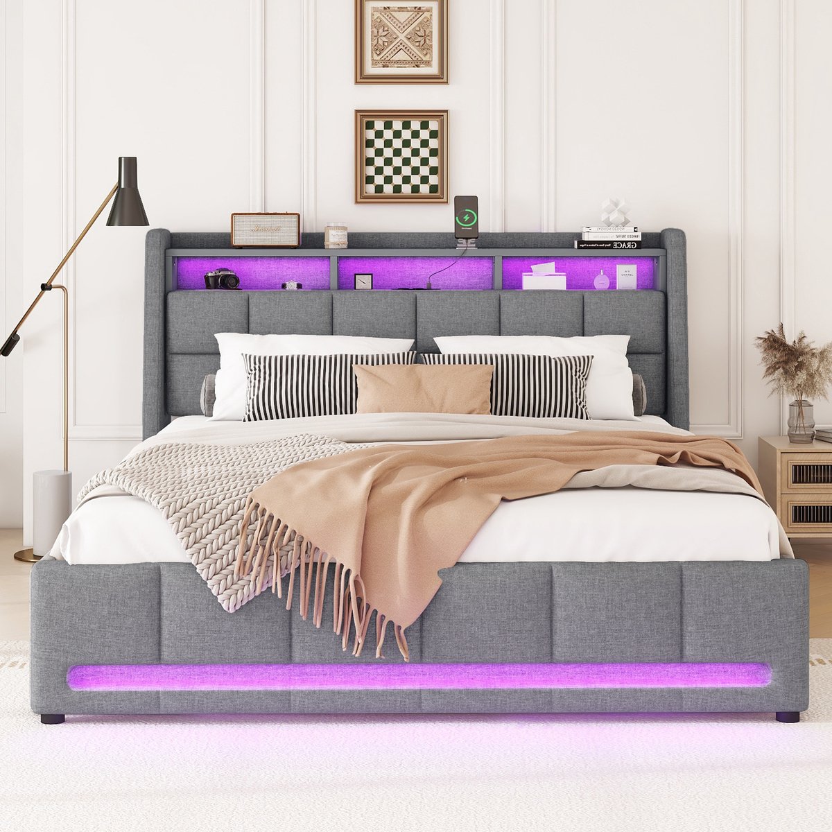 SINGULARITY-Gestoffeerd bed- 140 x 200 cm- zonder matras- LED-verlichting- bed met lades met stopcontacten en USB- linnen- grijs