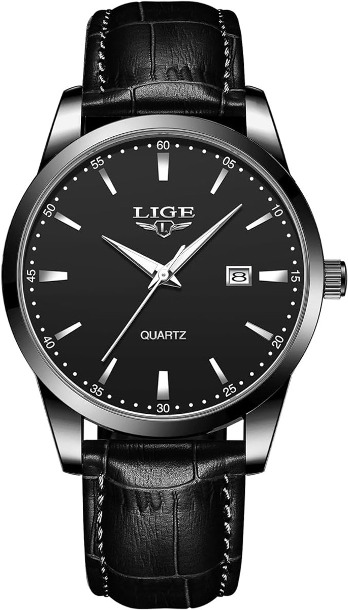 Lige - Herenhorloge - Polshorloge - Heren - Horloge - Horlogedoos - Mannen - Zwarte Horloge - Zwart Lederenband | 40MM Ø