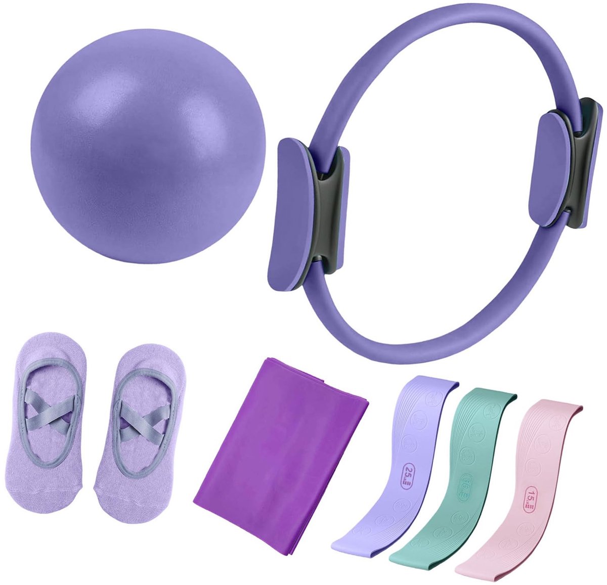 Namajunas - Pilates Ring - Weerstandsbanden - Pilates bal - Ideaal voor fitness en flexibiliteitsoefeningen - Complete Lichaamsverstevigingsset - 7 Delig Pilaseset voor complete training - inclusief 35cm Ring, Oefenband,Bal en Niet slipsokken - paars