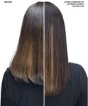 Voor en na foto van donker haar, behandeld met Redken Extreme Length. Links: donker haar met highlights. Rechts: donkerder, langer haar.