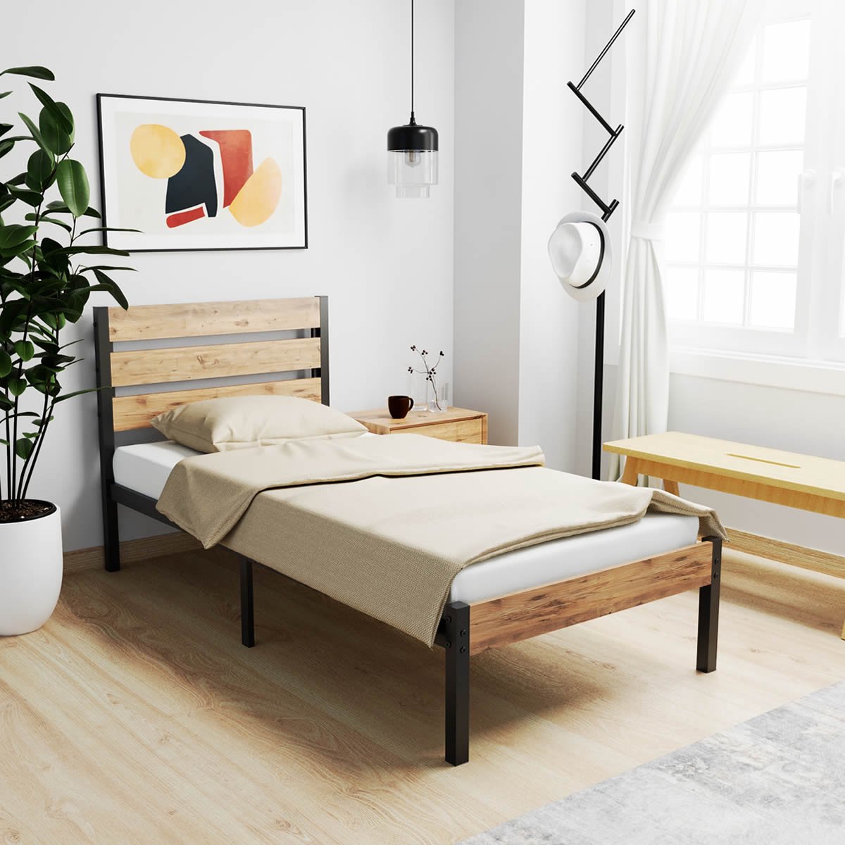 AirSleeperz® heavy duty metalen bedframe Max Black/Wood 90x200 cm - 1 persoons - Binnen 15 minuten te installeren - Draagkracht 350 kg