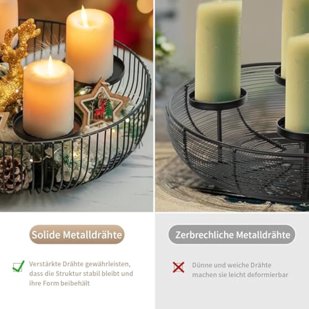 Romadedi Adventskrans Van Hout En Metaal - Moderne Kandelaar Voor 4 Stompkaarsen | Kerstdecoratie Adventsstuk Tafelschotel Zwart