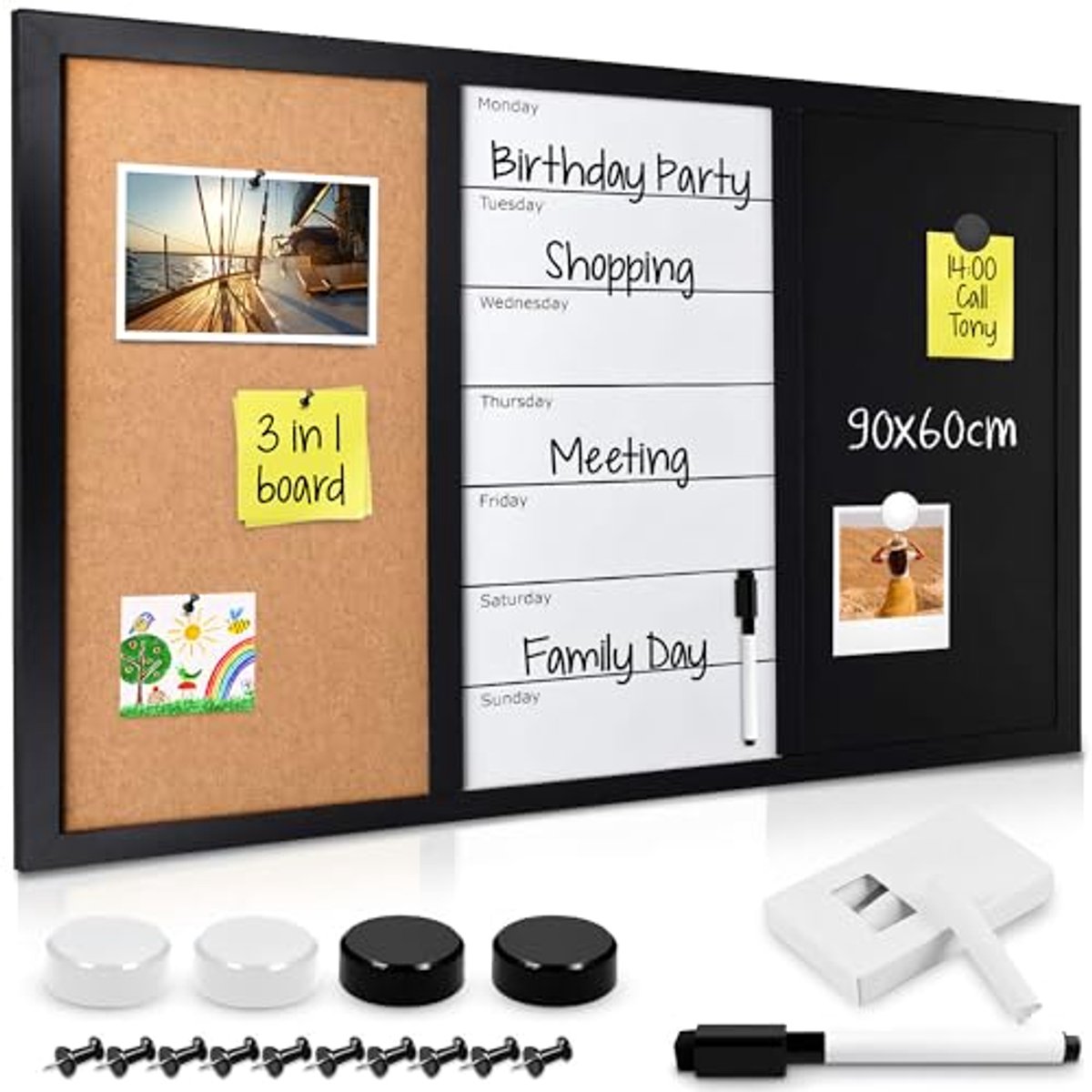 Multifunctionele 3-in-1 memo board - Flexibel prikbord, whiteboard en krijtbord - Inclusief weekplanner, krijt, stiften, magneten en punaises