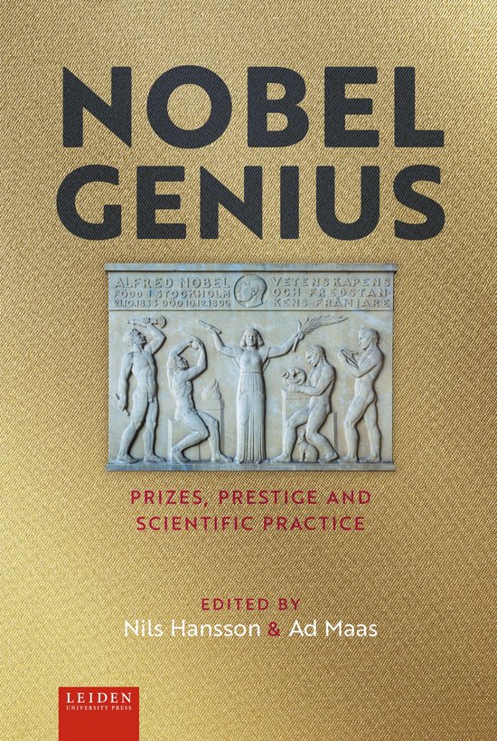Boekomslag van 'Nobel Genius' met gouden textuur, titel in grote zwarte letters, en een bas-reliëf met figuren en tekst.