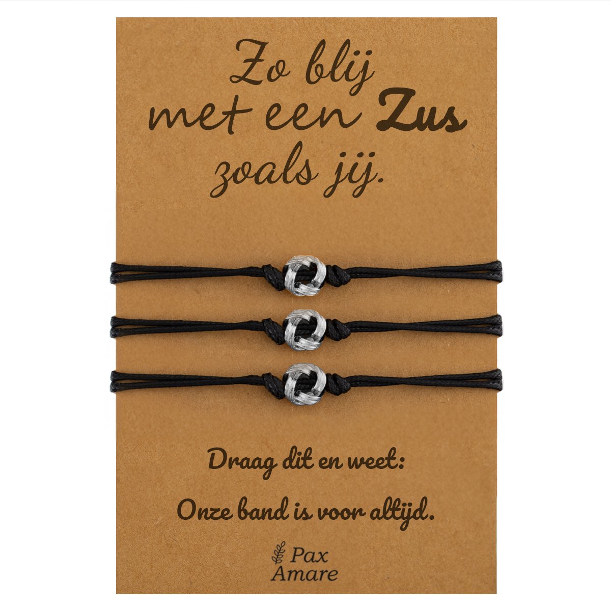 Vriendschapsarmbandjes voor 3 "Zo blij met een zus zoals jij" - Knoopjes - Sisters Armbandjes met Cadeau Kaartje - Zilverkleurig - Elastisch Verstelbaar - Pax Amare